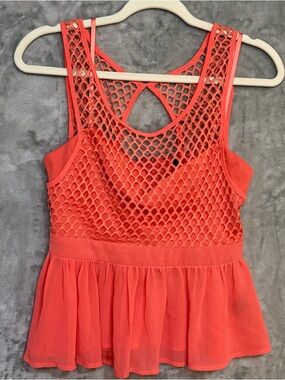 Zinga Coral Colored Eyelet Lace Silky Peplum Style Womens Top size M